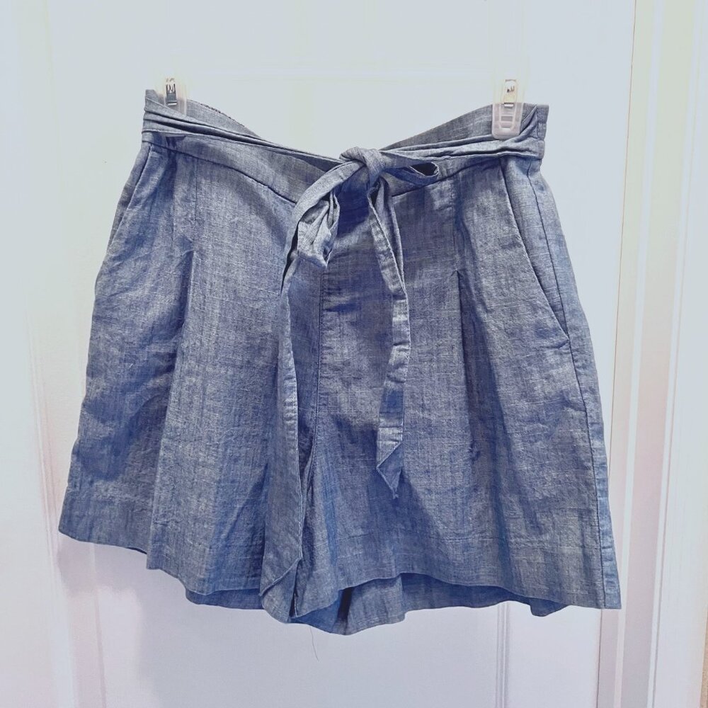 J.Crew-Chambray Shorts-Tie Waist-Stretch Elastic Waist Band-Sz. 8-Wide Leg-Sun